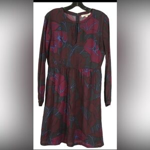 Loft Dress Women’s 6 Red Blue Floral A Line Long Sleeve Pockets Unlined